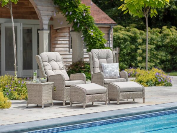 Chedworth Sandstone Rattan Deluxe Recliner Set with 2 Footstools & Side Table