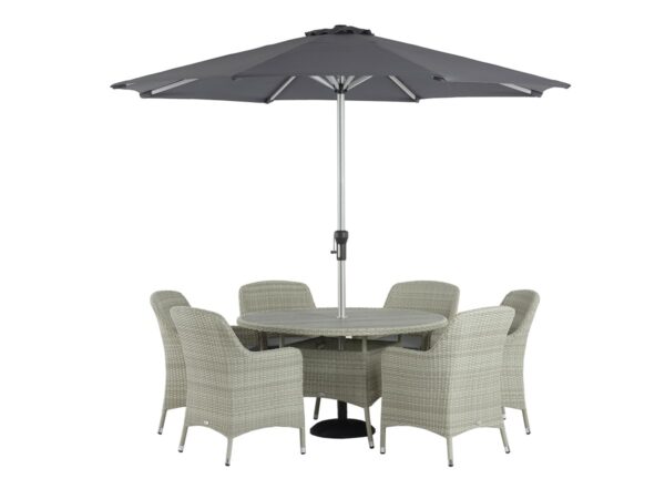 Tetbury Cloud Rattan 6 Seat Round Dining Set with Tree-Free Top, Parasol & Base - Image 3