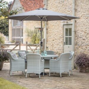 Tetbury Cloud Rattan 6 Seat Round Dining Set with Tree-Free Top, Parasol & Base