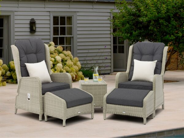 Chedworth Dove Grey Rattan Deluxe Recliner Set with 2 Footstools & Side Table - Image 6