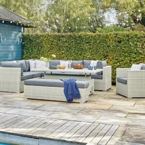 Kingscote Cloud Rattan L-Shape Sofa with Rectangle Dual Height Table, Armchair & Bench