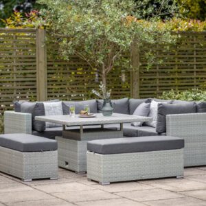 Kingscote Cloud Rattan Corner Sofa with Square Dual Height Table & 2 Benches