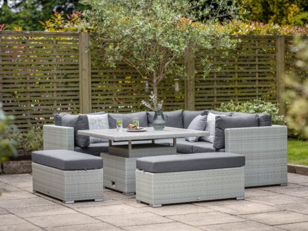 Kingscote Cloud Rattan Corner Sofa with Square Dual Height Table & 2 Benches