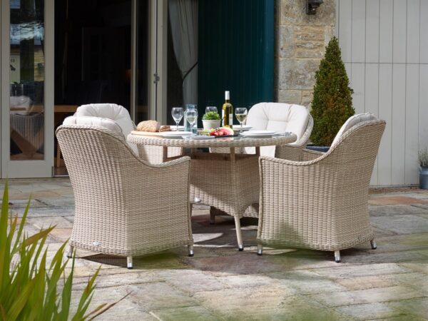 Monterey Sandstone Rattan 4 Seat Round Dining Set with Parasol & Base - Image 2