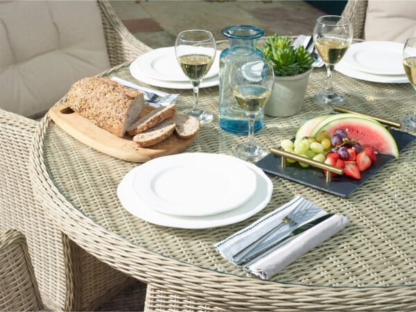 Monterey Sandstone Rattan 4 Seat Round Dining Set with Parasol & Base - Image 3