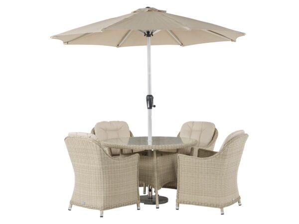 Monterey Sandstone Rattan 4 Seat Round Dining Set with Parasol & Base - Image 6