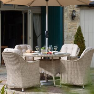 Monterey Sandstone Rattan 4 Seat Round Dining Set with Parasol & Base