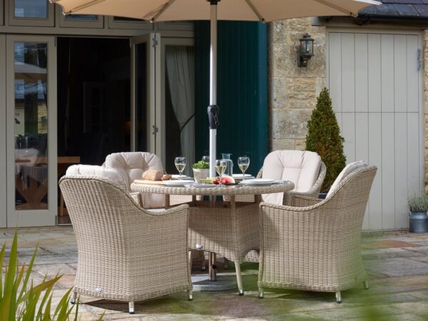 Monterey Sandstone Rattan 4 Seat Round Dining Set with Parasol & Base