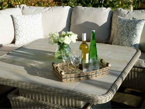Monterey Sandstone Rattan Curved Corner Sofa with Square Dual Height Table & 2 Benches - Image 3