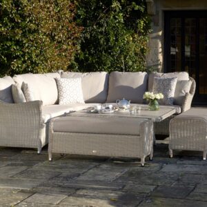 Monterey Sandstone Rattan Curved Corner Sofa with Square Dual Height Table & 2 Benches