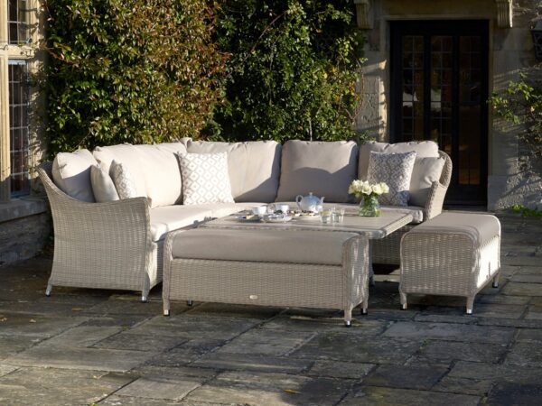Monterey Sandstone Rattan Curved Corner Sofa with Square Dual Height Table & 2 Benches