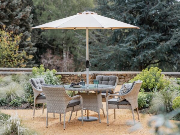 Cherington Rattan 4 Seat Round Dining Set with Parasol & Base