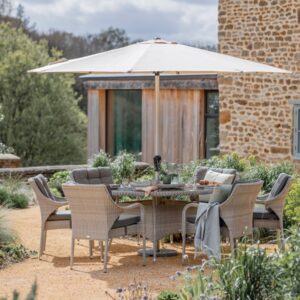 Cherington Rattan 6 Seat Round Dining Set with Parasol & Base