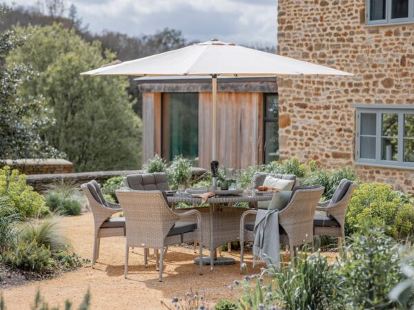 Cherington Rattan 6 Seat Round Dining Set with Parasol & Base