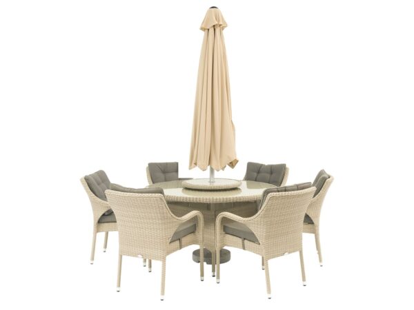 Cherington Rattan 6 Seat Round Dining Set with Parasol & Base - Image 5