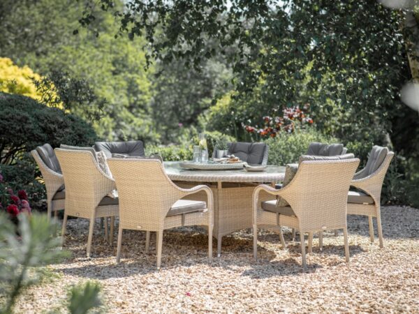 Cherington Rattan 8 Seat Elliptical Dining Set with Lazy Susan, Parasol & Base - Image 4