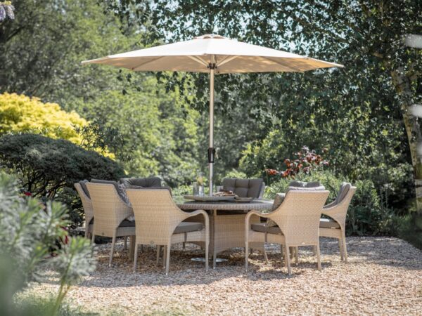 Cherington Rattan 8 Seat Elliptical Dining Set with Lazy Susan, Parasol & Base