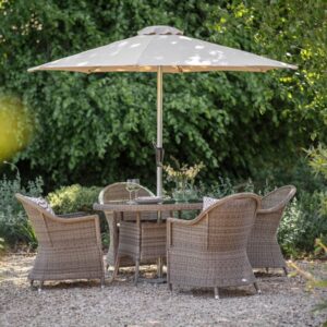 Sahara Rattan 4 Seat Round Dining Set with Parasol & Base