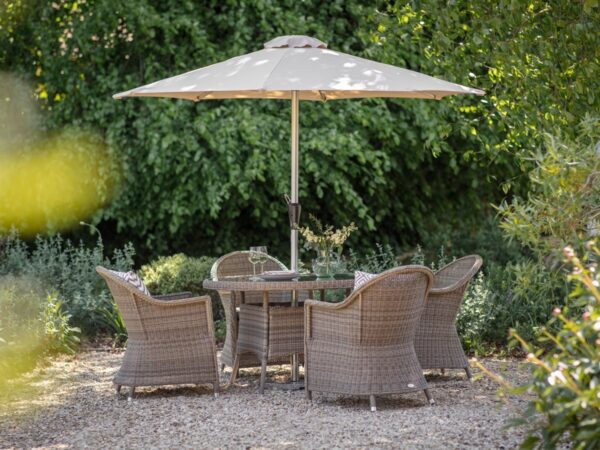 Sahara Rattan 4 Seat Round Dining Set with Parasol & Base