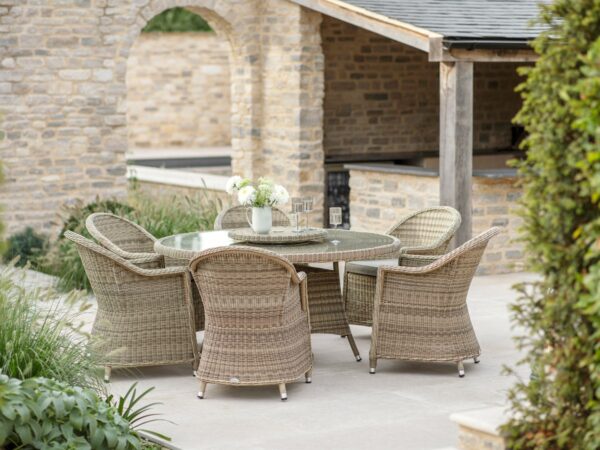 Sahara Rattan 6 Seat Round Dining Set with Lazy Susan, Parasol & Base - Image 3