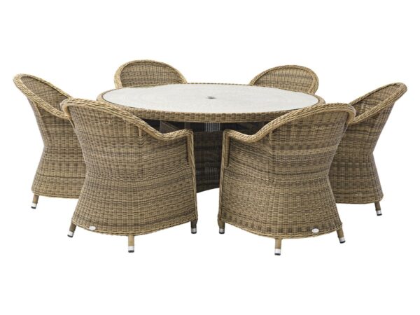 Sahara Rattan 6 Seat Round Dining Set with Lazy Susan, Parasol & Base - Image 4