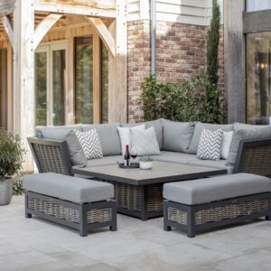 Tuscan Wicker Corner Sofa with Square Piston Adjustable Table & 2 Benches