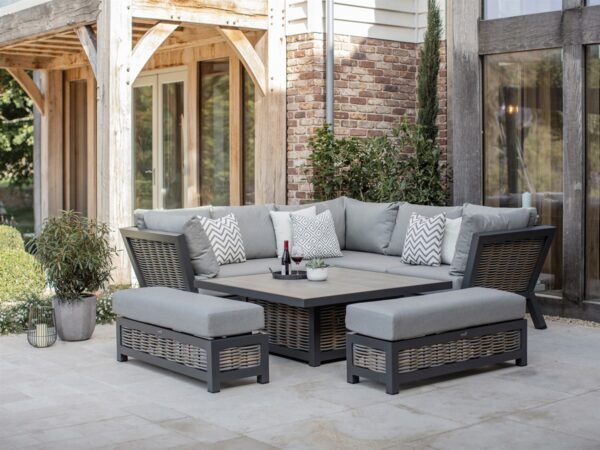 Tuscan Wicker Corner Sofa with Square Piston Adjustable Table & 2 Benches