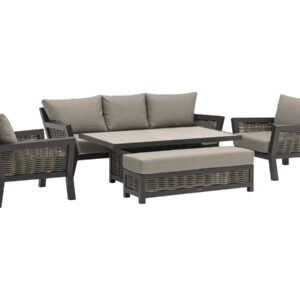Tuscan 3 Seater Sofa with Rectangle Piston Adjustable Table, 2 Armchairs & Bench
