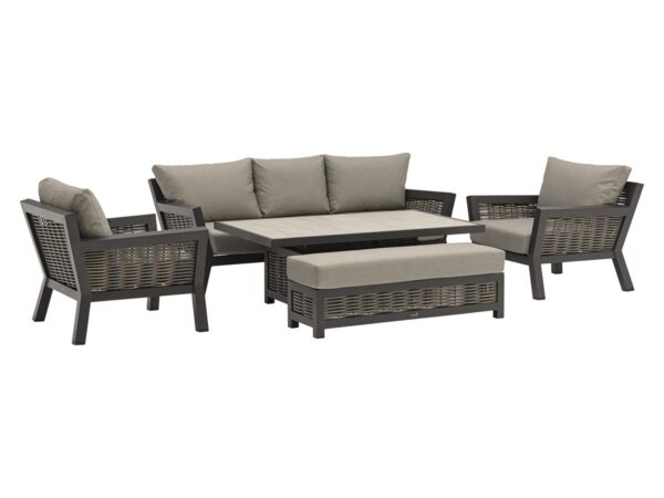 Tuscan 3 Seater Sofa with Rectangle Piston Adjustable Table, 2 Armchairs & Bench
