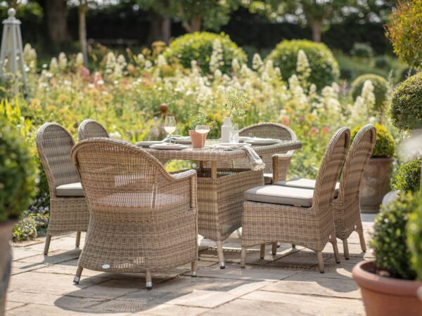 Sahara Rattan 6 Seat Rectangle Dining Set with Parasol & Base - Image 2