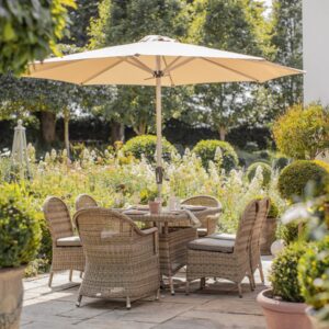 Sahara Rattan 6 Seat Rectangle Dining Set with Parasol & Base