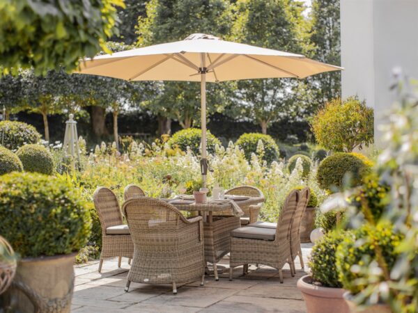 Sahara Rattan 6 Seat Rectangle Dining Set with Parasol & Base