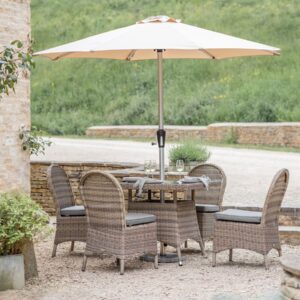 Sahara Rattan 4 Seat Square Dining Set with Parasol & Base