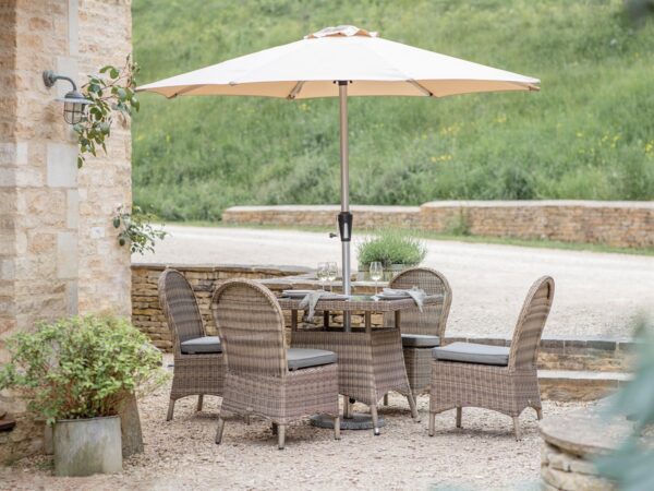 Sahara Rattan 4 Seat Square Dining Set with Parasol & Base