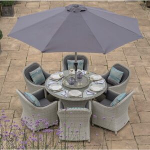 Panama Rattan 6 Seat Round Dining Set with Parasol & Base