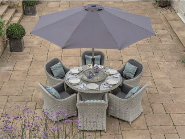 Panama Rattan 6 Seat Round Dining Set with Parasol & Base