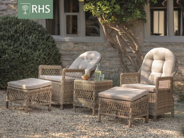 RHS Rosemoor Rattan Recliner Set with 2 Footstools & Side Table
