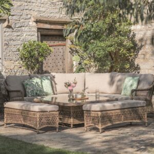 RHS Rosemoor Corner Sofa with Square Dual Height Table & 2 Benches
