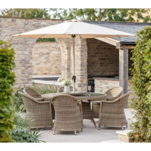 Sahara Rattan 6 Seat Round Dining Set with Lazy Susan, Parasol & Base