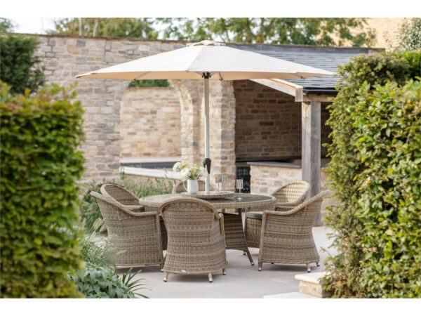 Sahara Rattan 6 Seat Round Dining Set with Lazy Susan, Parasol & Base